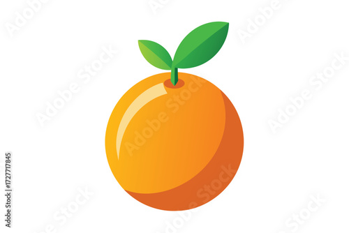 Single vibrant orange colored citrus fruit is presented with two green leaves