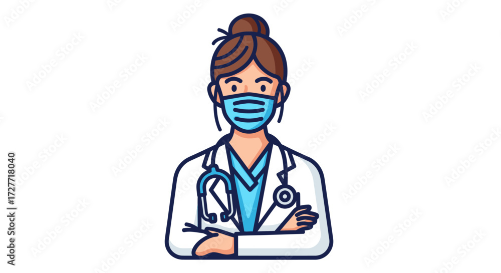 Fototapeta premium Cartoon Female Doctor Wearing Protective Mask and Stethoscope.