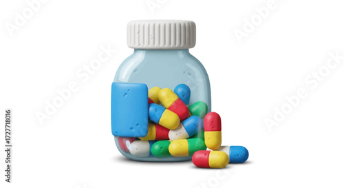 Clear Plastic Pill Bottle with Colorful Medical Capsules Spilling Out.