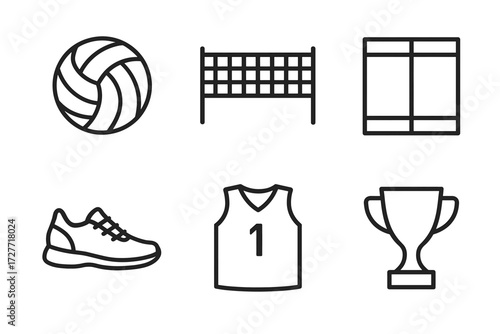 Volleyball elements: ball, net, court, shoe, jersey, trophy