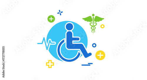 Disability healthcare concept icon with a wheelchair caduceus and heartbeat symbols.