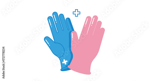 Blue and Pink Medical Gloves with White Cross Symbol Illustration.