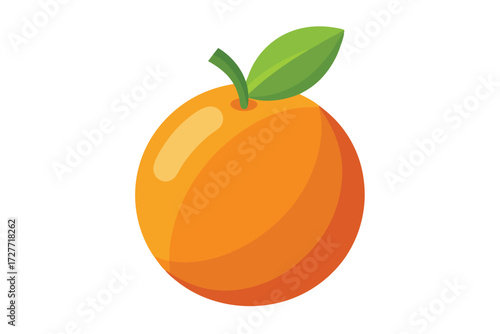 Single bright orange fruit with its stem and leaf sits on a white background