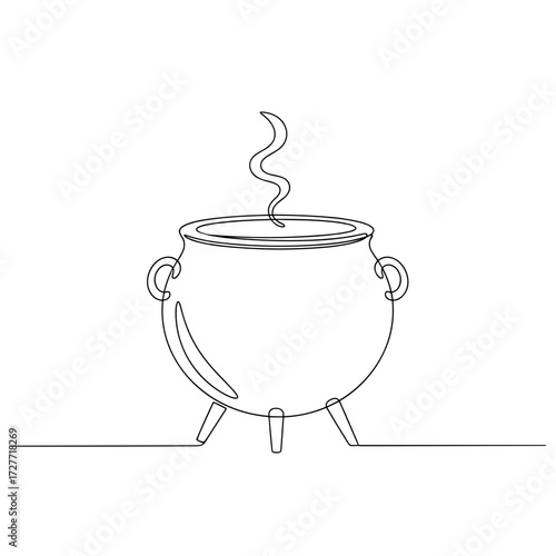 Black iron cauldron with simmering herbs and steam, moody medieval still life setting, black on transparent background