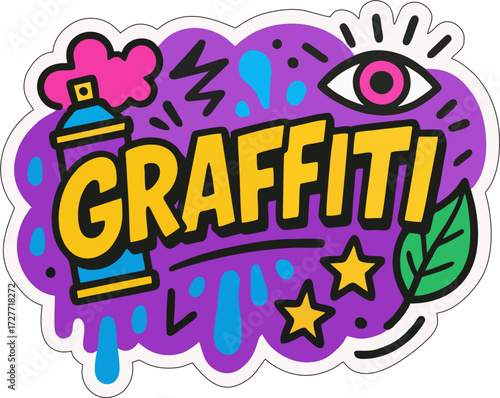 Colorful graffiti sticker with spray paint can, bold graffiti text, paint splashes, and vibrant urban street art style on gray background.