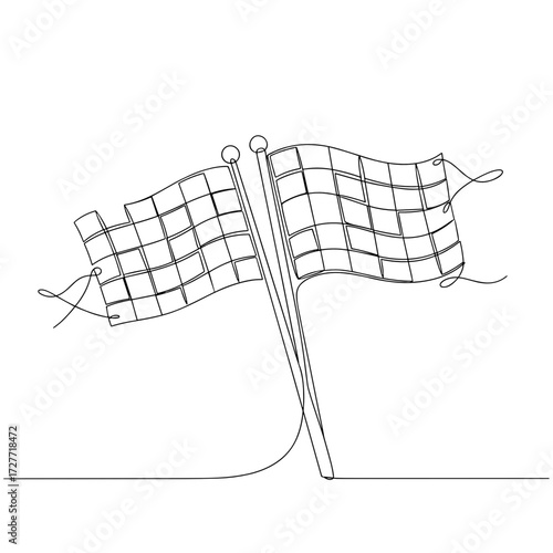 Victory checkered banners waving at racetrack finish line, dramatic outdoor sky