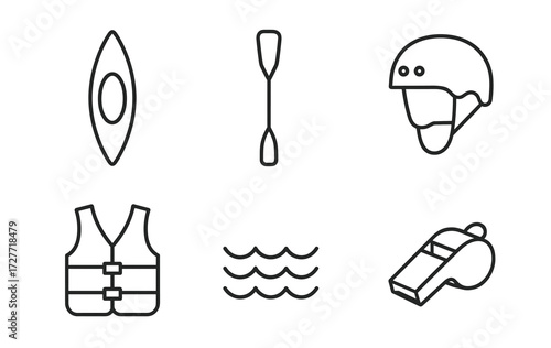Kayaking essentials: helmet, paddle, whistle, life vest, waves, kayak outline icons