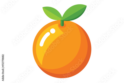 Orange citrus fruit displays glossy highlights and vibrant green leaves on a plain background