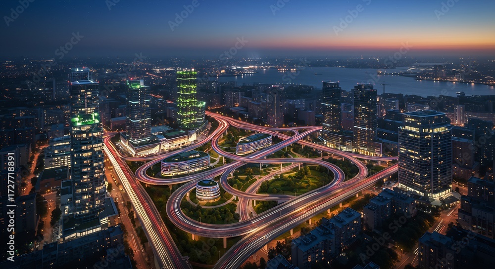 Fototapeta premium Aerial view of modern city highway interchange at dusk with light trails