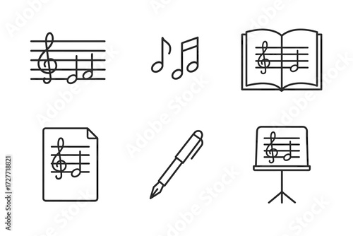 Musical icons: sheet music, notes, pen, and music stand illustrations
