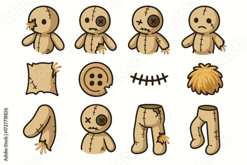 Cartoon voodoo doll components with stitching and button eyes