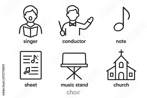Choir elements: singer, conductor, musical notes, and church icons
