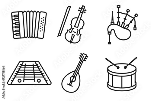 Set of six line art music instruments: accordion, violin, bagpipes and more