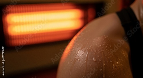 Close up of sweat droplets on a shoulder during an infrared sauna session. Heat therapy for wellness and detoxification. Body care and recovery concept