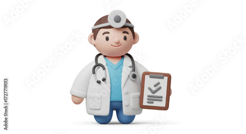 Cheerful Cartoon Doctor Holding Medical Chart with Checkmark.