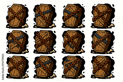 Cartoon wooden coffins with chains and bones in repetitive pattern