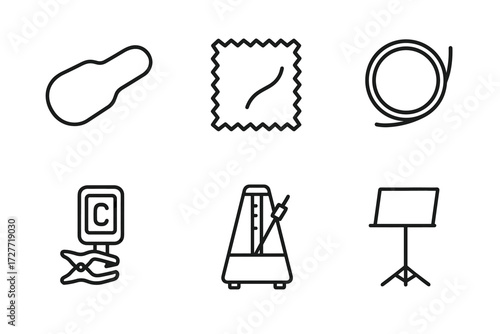Musical accessories icons: guitar case, polishing cloth, cable, tuner, metronome, music stand