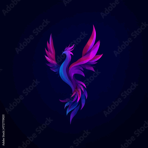 Geometric phoenix on dark background with pink, purple, blue gradient polygonal feathers