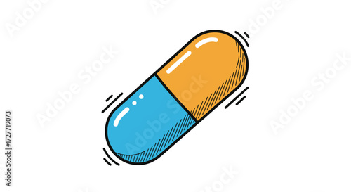 Cartoon style blue and orange medical capsule pill illustration.