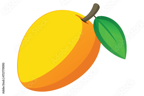 Single ripe mango showcases smooth, vibrant yellow and orange skin with its vivid green leaf