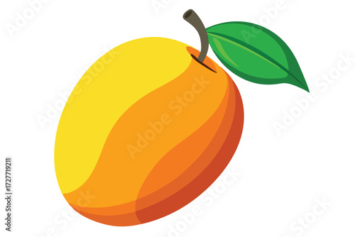 A cartoon yellow mango fruit displays a brown stem and vibrant green leaf