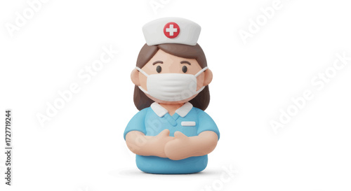 Cartoon Nurse Character Wearing Face Mask and Cap.