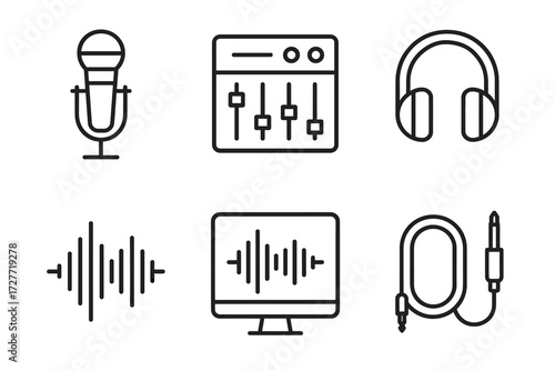 Audio equipment icons: microphone, mixer, headphones, sound waves, monitor, cable