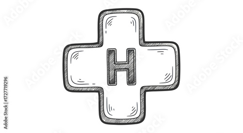 Hand-drawn sketch of a hospital cross symbol with letter H.