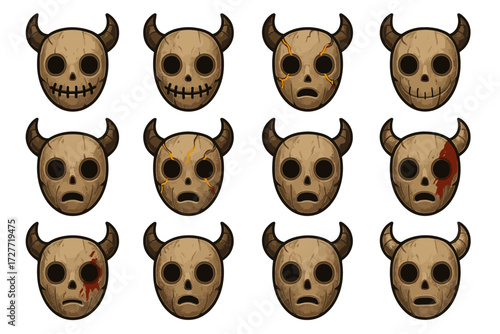 Set of twelve horned skull masks with various expressions and designs