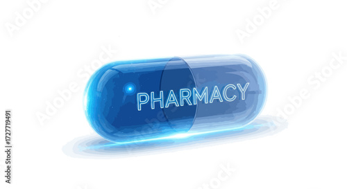 Blue Capsule with PHARMACY Text Medicine Concept.