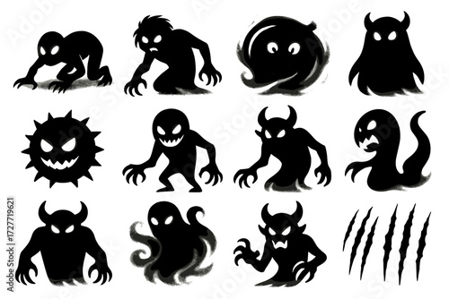 Collection of silhouette monsters: ghosts, demons, and creatures in various poses