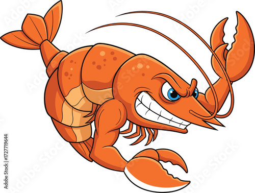 Cartoon lobster with muscular body and confident grin, large claws and antennae, expressive sea creature, vector illustration for kids, mascot and marine content