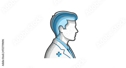 Stylized Doctor Profile with Blue Hair and Medical Cross.