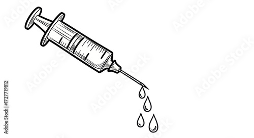 Hand-drawn illustration of a medical syringe with dripping liquid.