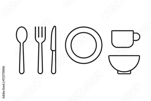 Minimalist line art of dining utensils and tableware