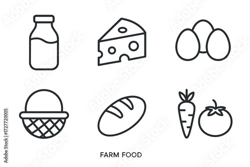 Outline icons of farm foods: milk, cheese, eggs, basket, bread, carrot, tomato