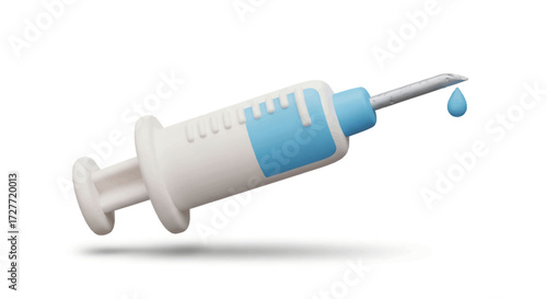 Medical Syringe with Blue Liquid Droplet and Needle.