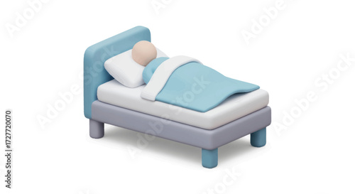 Miniature Bed with Person Sleeping Under Blue Blanket.