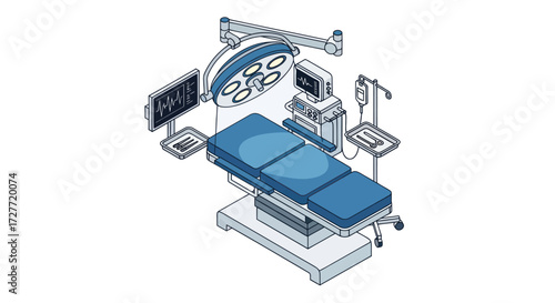 Operating Room Equipment: Surgical Table Lights and Monitors in a Medical Setting.