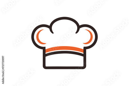 Isolated chef hat features a simple design with black outline and orange accents