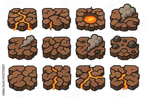 Cartoon cracked lava rocks with smoke and magma variations