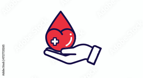 Hand holding a red blood drop with heart shape and white cross symbol.