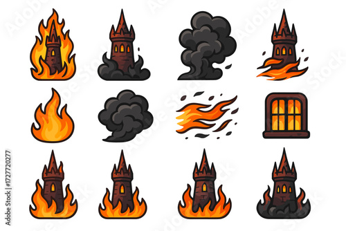 Collection of tower and fire icons with flames and smoke elements