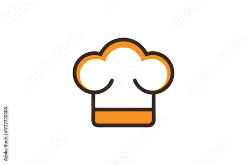 Stylized chef hat symbol features orange lines and thick dark brown outlines elegantly on white