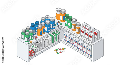 Pharmacy Shelves with Medicine Bottles and Pill Boxes Illustration.