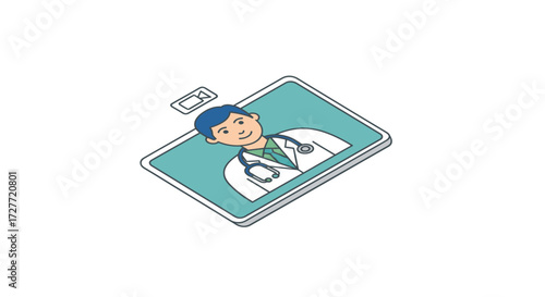 Hand-drawn isometric digital weight scale with a smiling doctor on the screen for online medical advice.