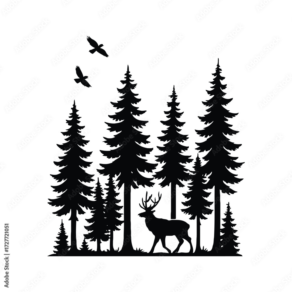 Naklejka premium Forest silhouette illustration with deer and birds for nature lovers.