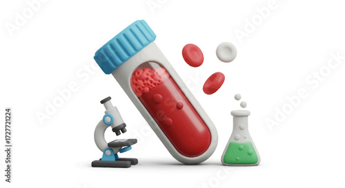 Blood Sample Test Tube with Microscope and Flask Illustration.