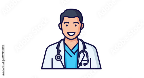 Friendly Male Doctor Wearing White Coat and Stethoscope.