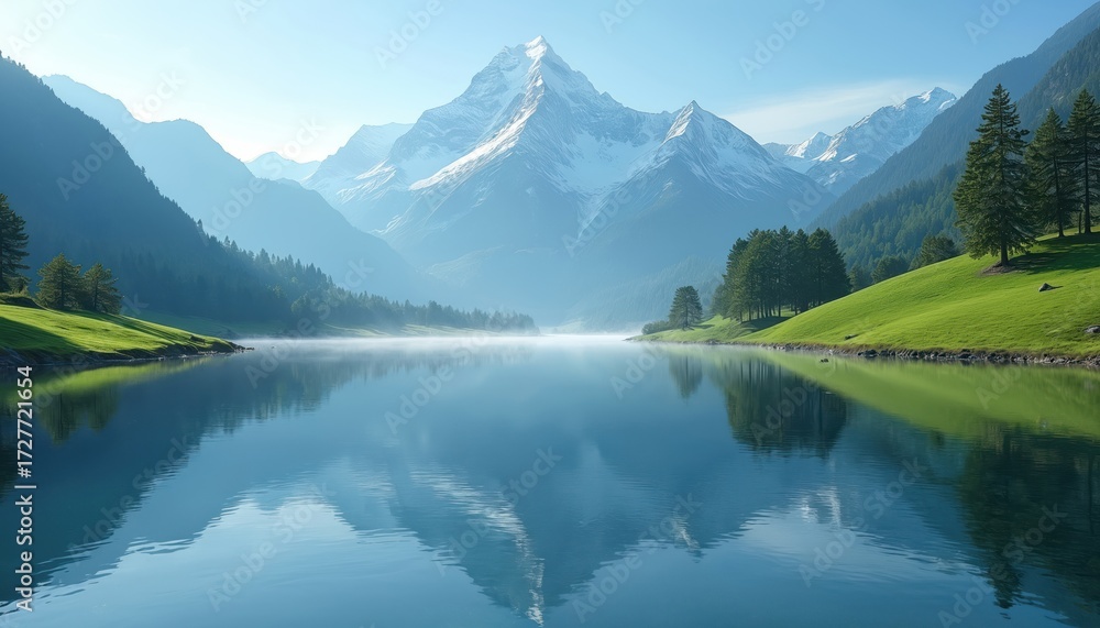 Fototapeta premium Majestic snowy mountains rise above a misty blue lake surrounded by green hills and pine trees. A calm water surface perfectly reflects the serene scenery under a clear sky.